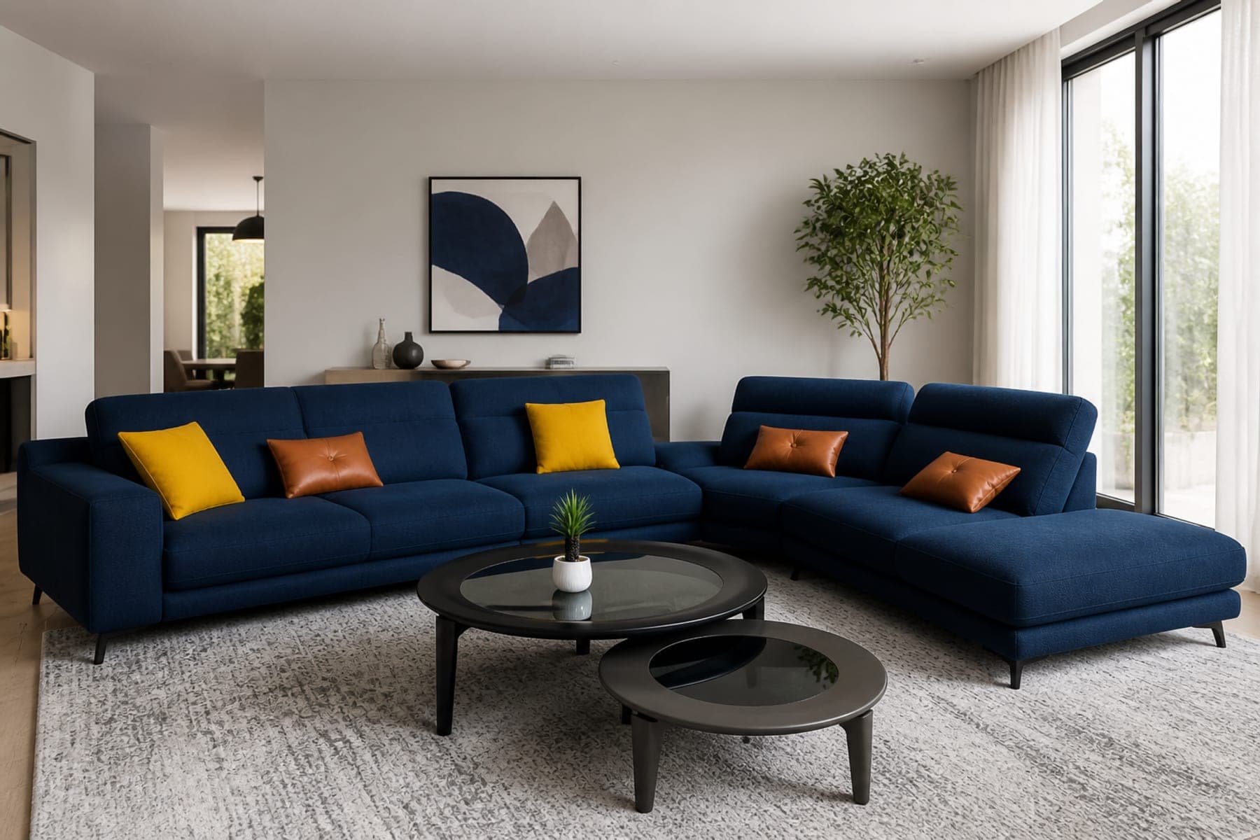 Navy blue salon with nested coffee tables